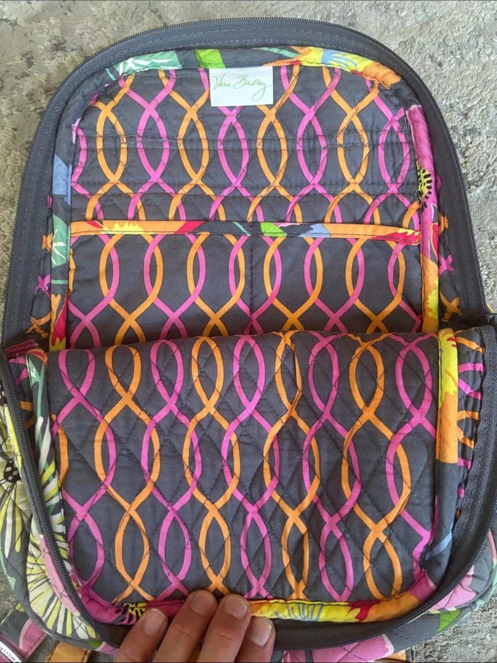 Vera Bradley Quilted Floral Backpack in Gray with Pink, Yellow & Green Accents